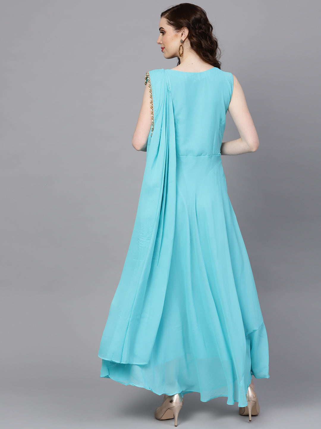 Georgette Draped Dress with Attached Necklace and Dupatta