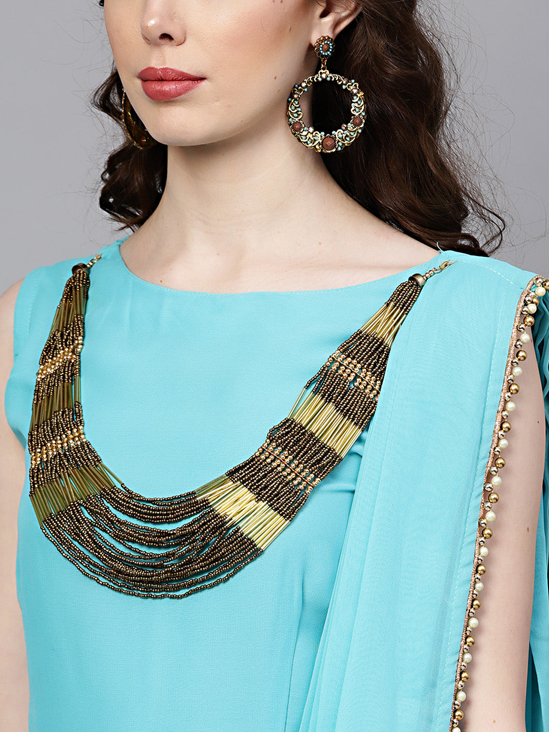 Georgette Draped Dress with Attached Necklace and Dupatta