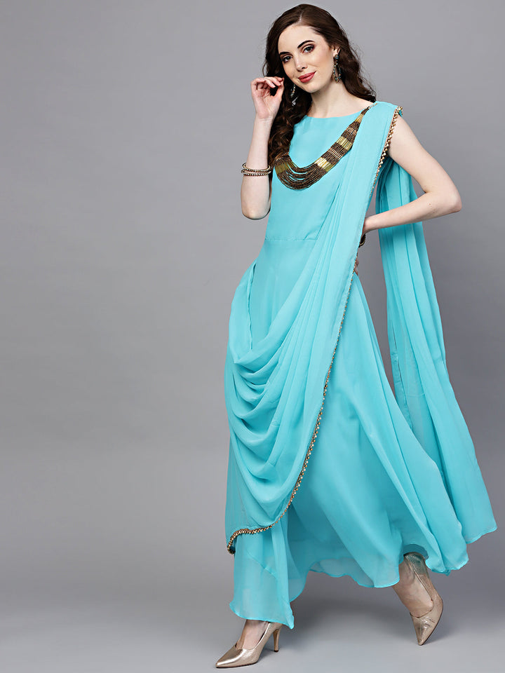 Georgette Draped Dress with Attached Necklace and Dupatta