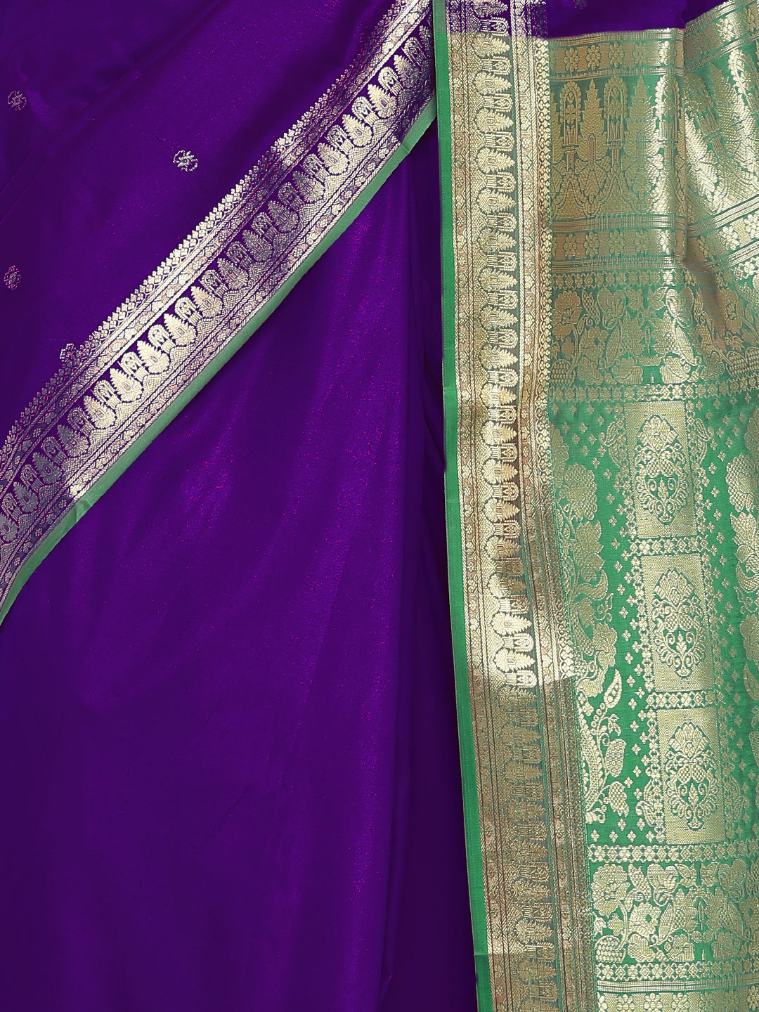 Purple Green Banarasi Silk Saree with Contrast Green Zari Border