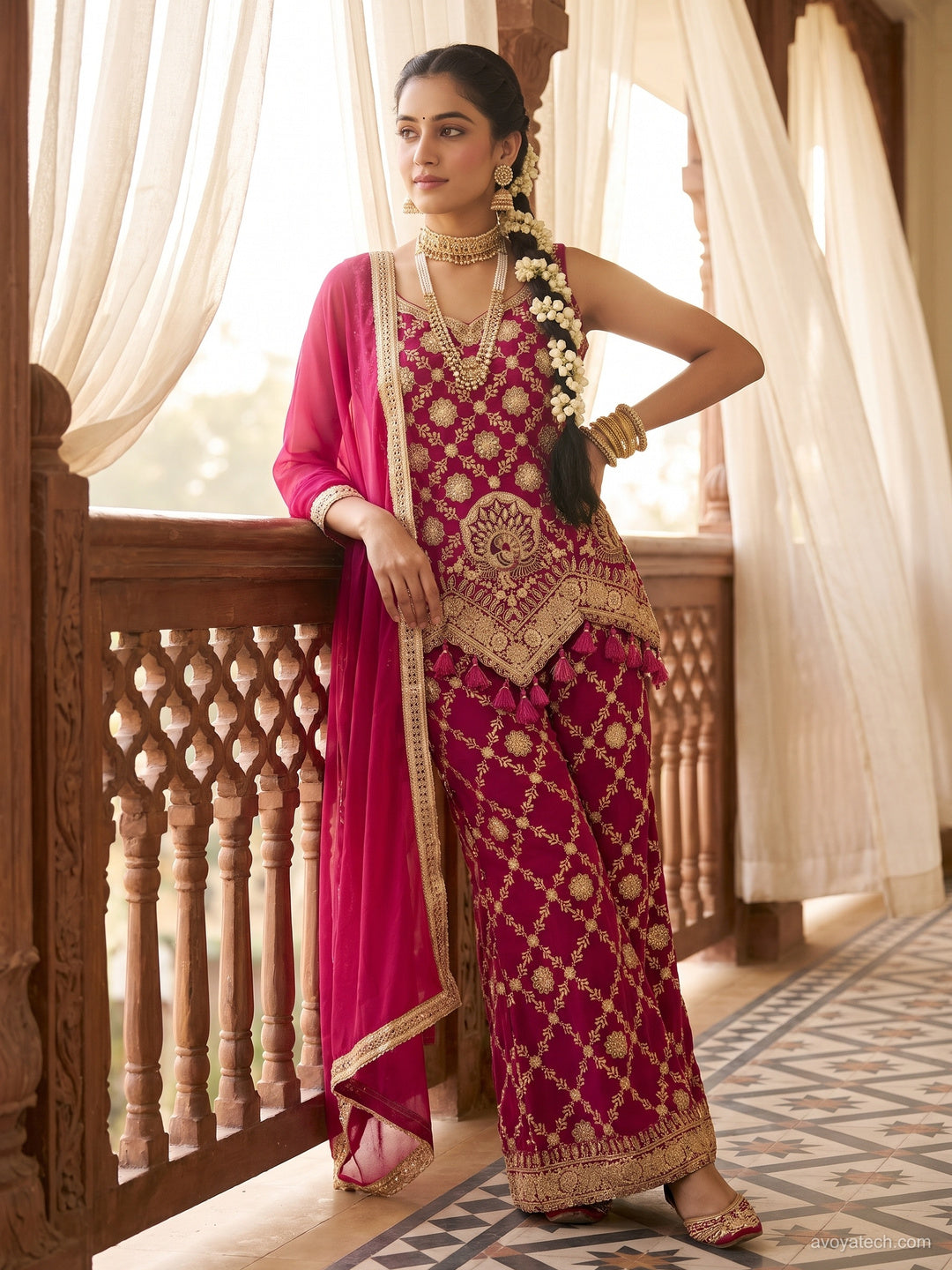 Magenta Zari Embroidered Sharara Suit with Tassel Detailing