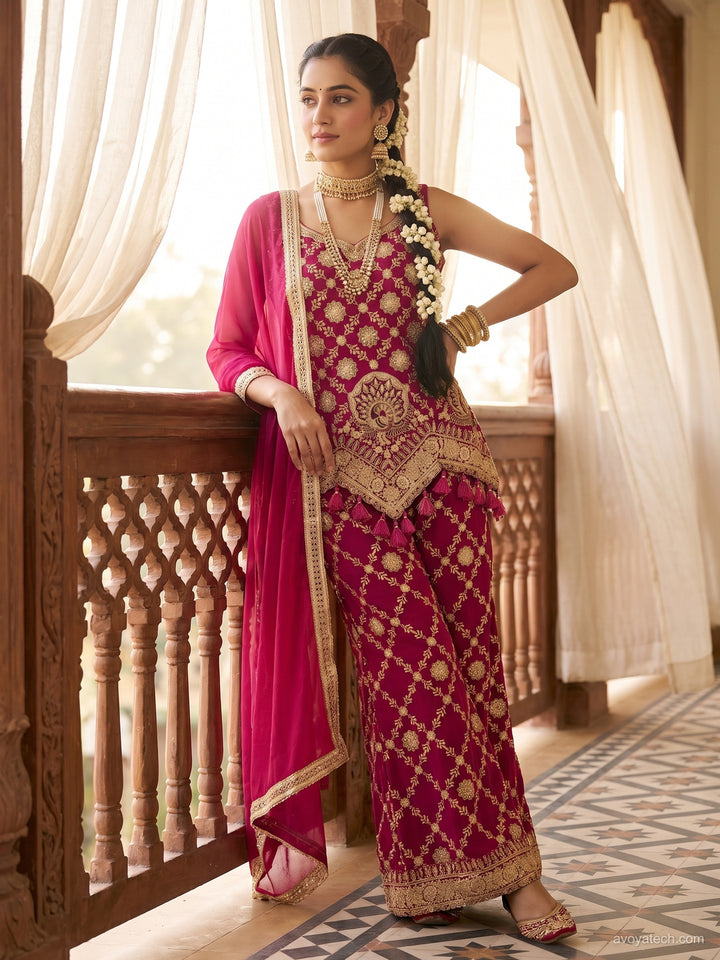 Magenta Zari Embroidered Sharara Suit with Tassel Detailing