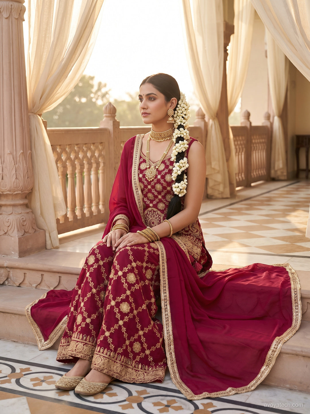 Magenta Zari Embroidered Sharara Suit with Tassel Detailing