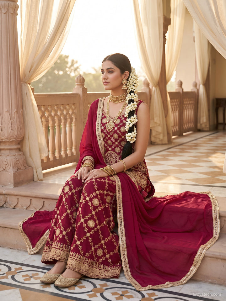 Magenta Zari Embroidered Sharara Suit with Tassel Detailing