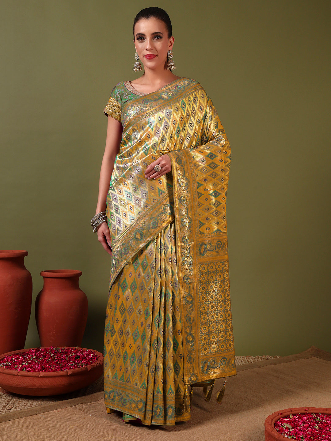 Traditional Brocade Handloom Mysore Silk Saree with Multicolor Meenakari Zari Weaving
