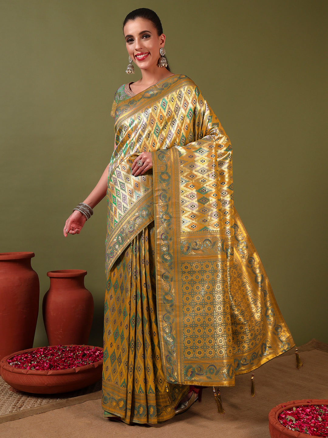 Traditional Brocade Handloom Mysore Silk Saree with Multicolor Meenakari Zari Weaving