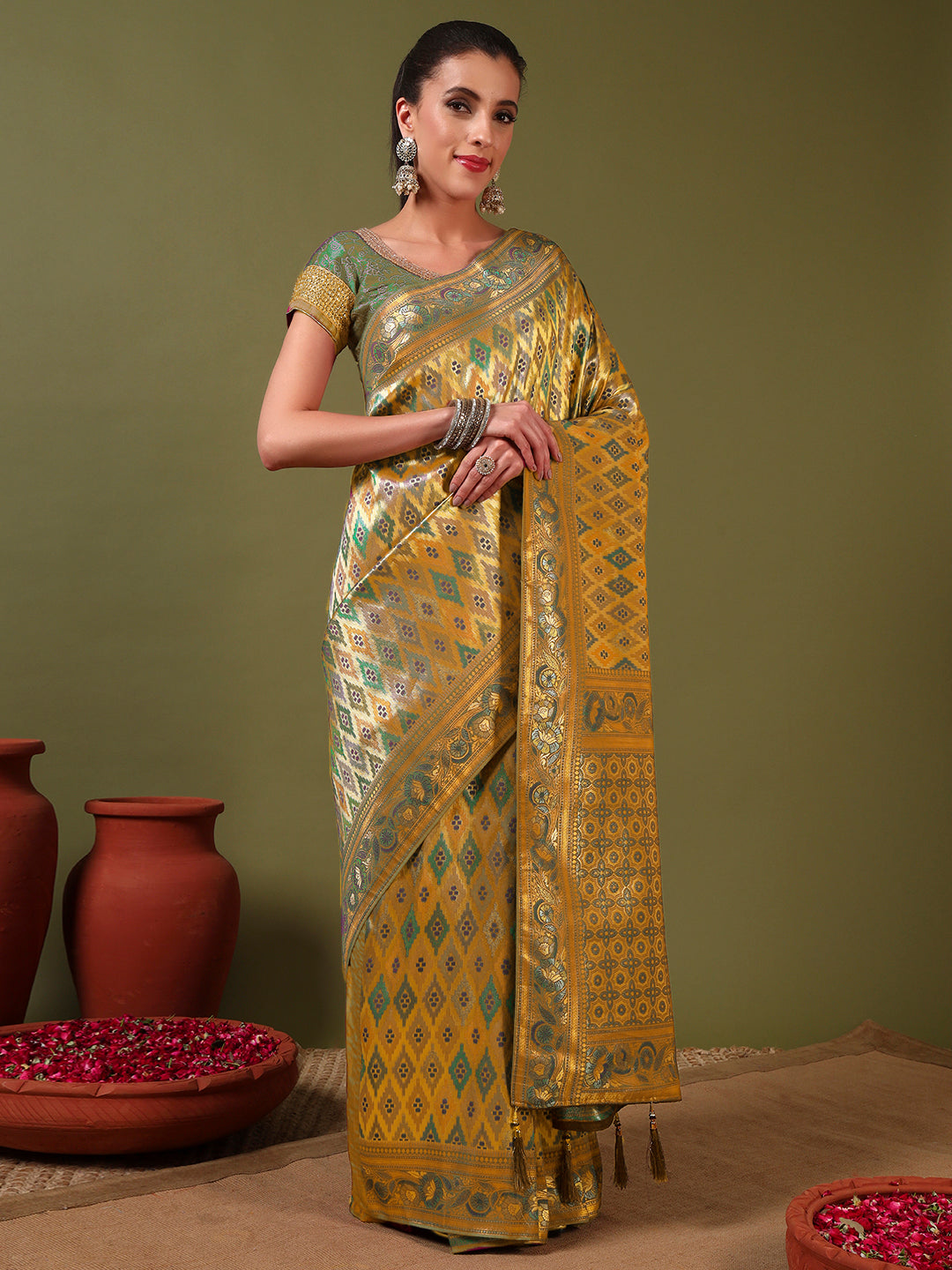 Traditional Brocade Handloom Mysore Silk Saree with Multicolor Meenakari Zari Weaving