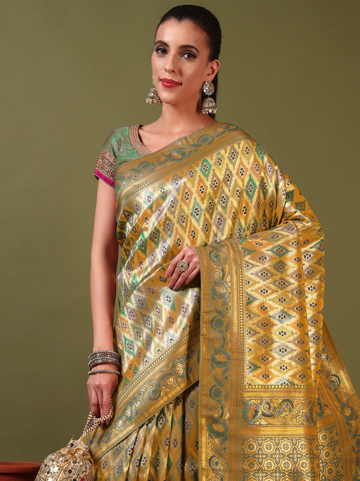 Traditional Brocade Handloom Mysore Silk Saree with Multicolor Meenakari Zari Weaving