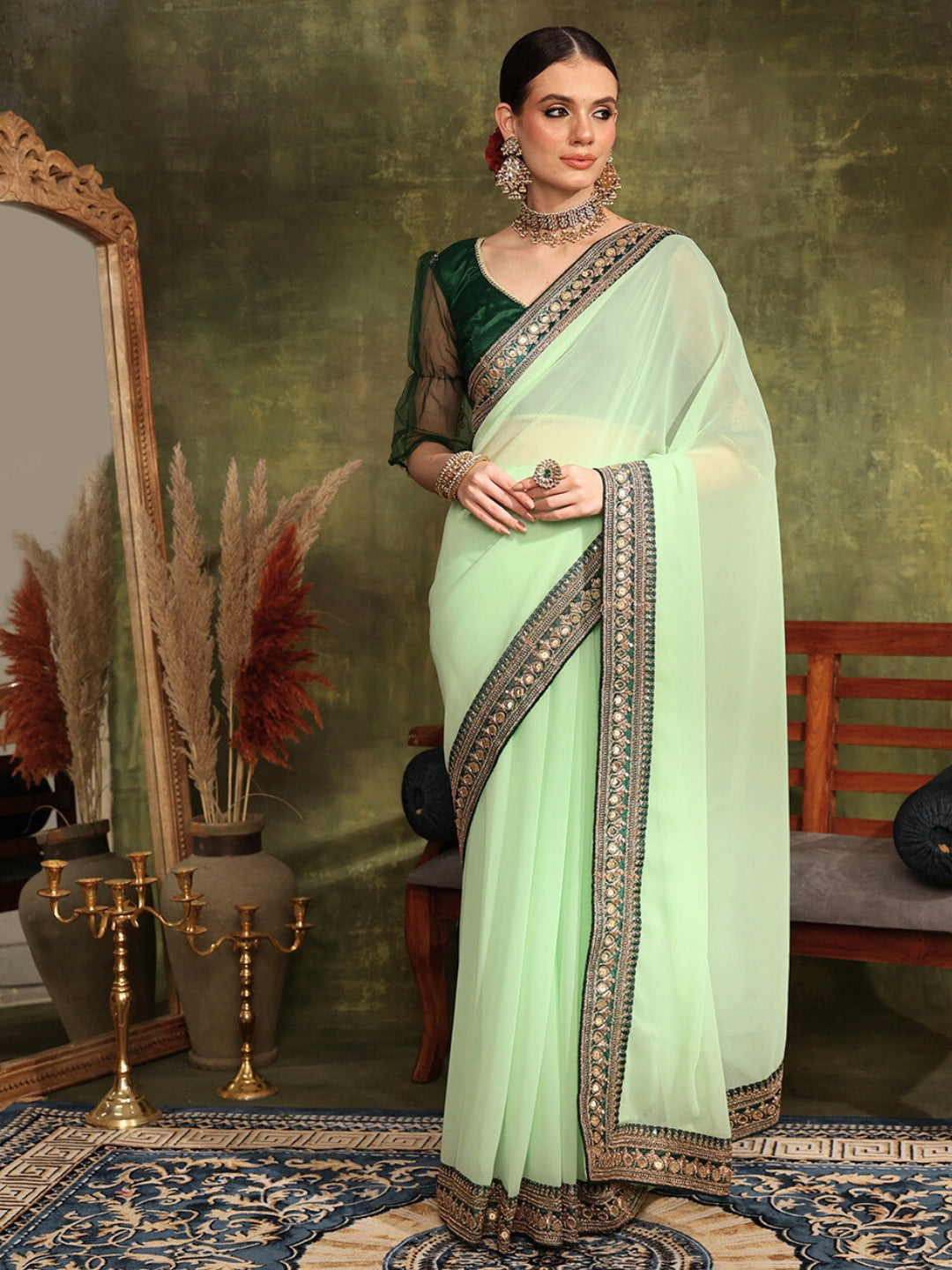 Chhabra 555 Zari Embroidered Sequinned Border Saree with Resham Work Blouse & Floral Paisley Motifs