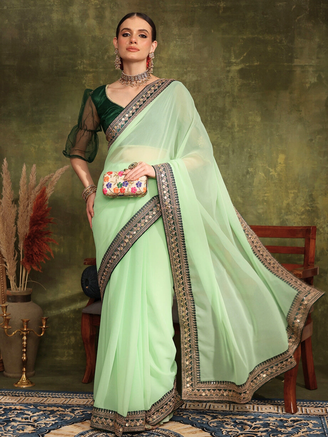 Zari Embroidered Sequinned Border Saree with Resham Work Blouse