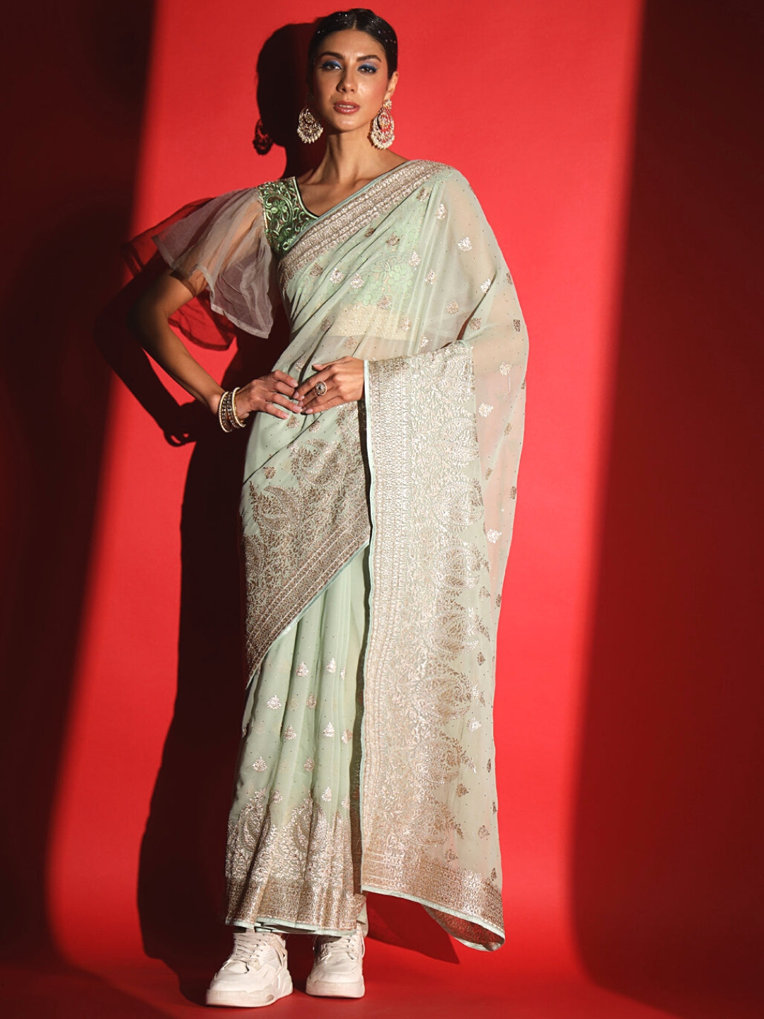 Pastel Zari Embroidered & Crystal Studded Georgette Party Wear Saree