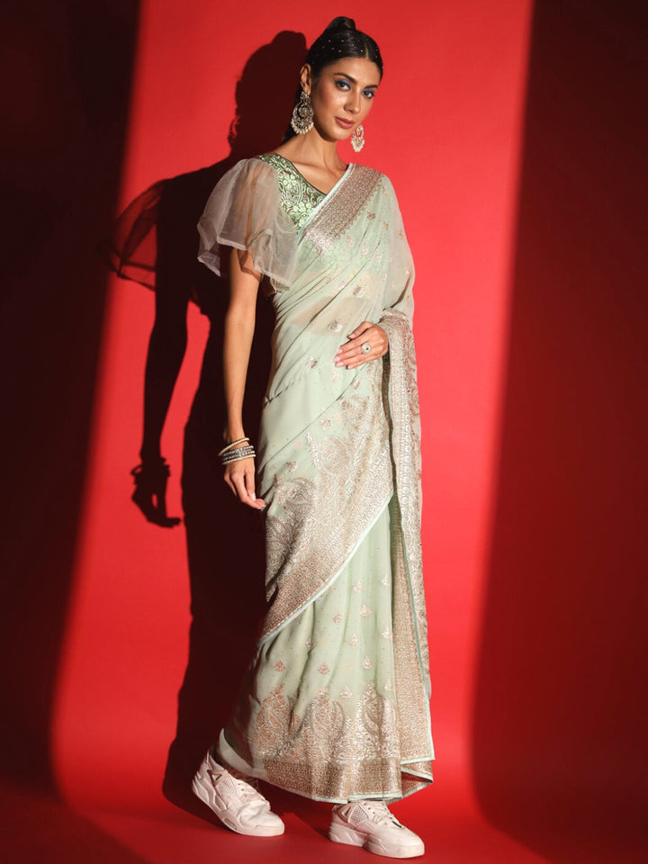Pastel Zari Embroidered & Crystal Studded Georgette Party Wear Saree