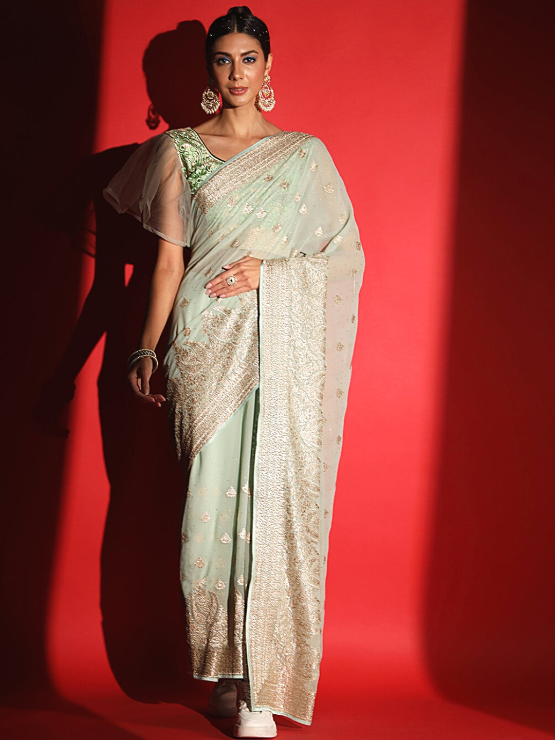 Pastel Zari Embroidered & Crystal Studded Georgette Party Wear Saree