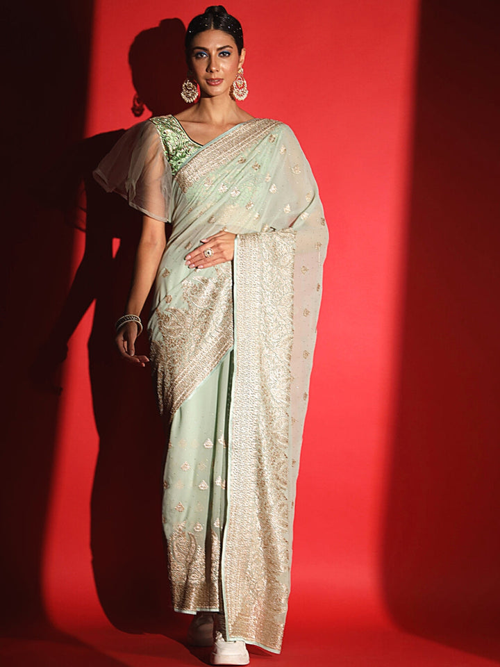 Pastel Zari Embroidered & Crystal Studded Georgette Party Wear Saree