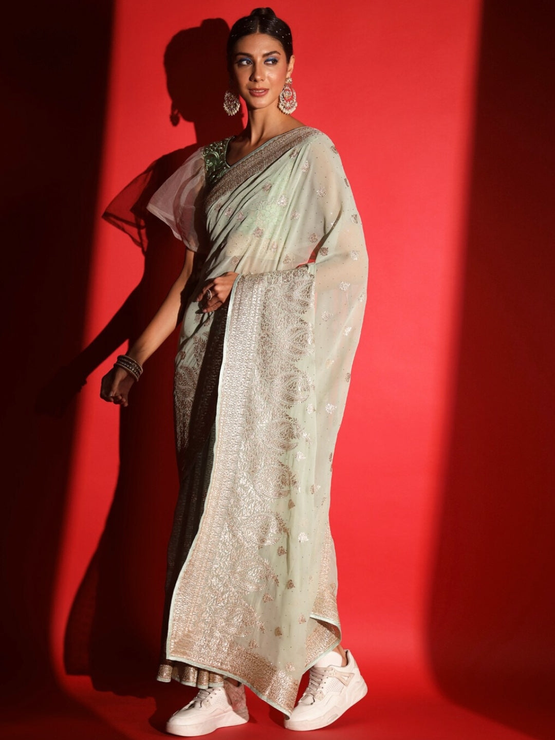 Pastel Zari Embroidered & Crystal Studded Georgette Party Wear Saree