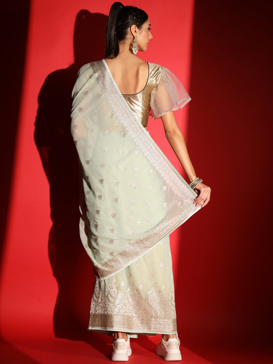 Pastel Zari Embroidered & Crystal Studded Georgette Party Wear Saree