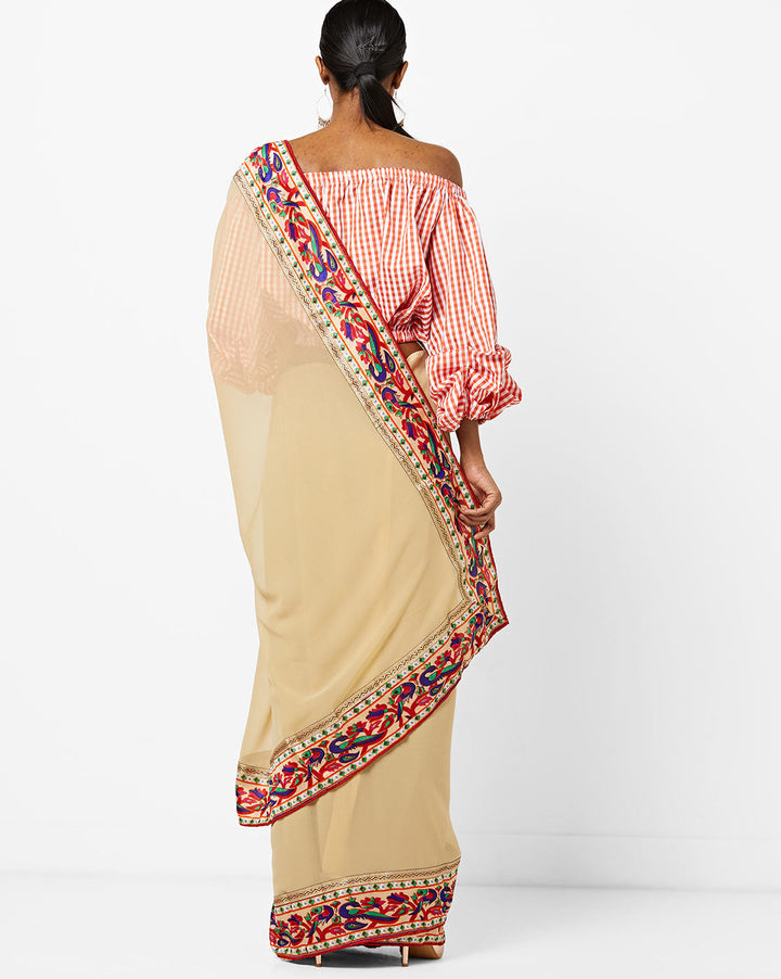 Beige Colored Georgette Saree With Paithani Border & Blouse