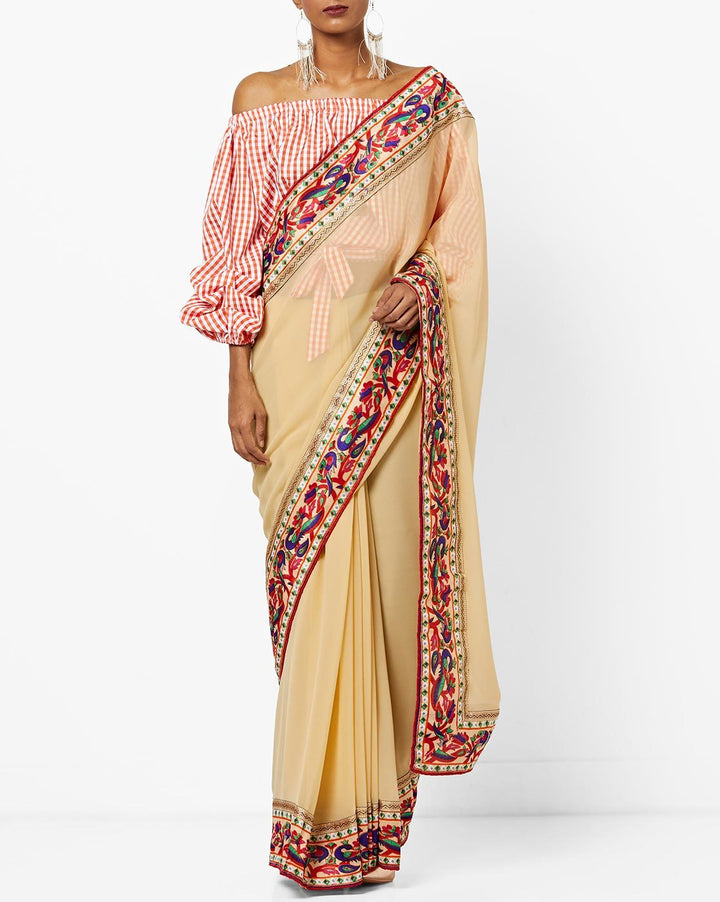 Beige Colored Georgette Saree With Paithani Border & Blouse
