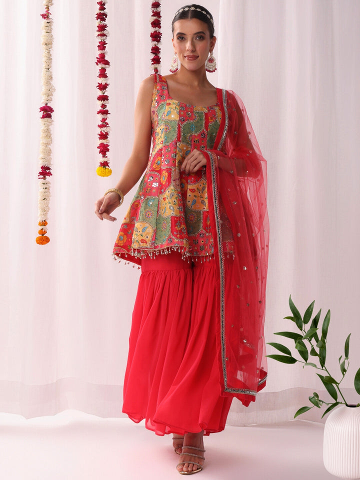 Chhabra 555 Kalidar Peplum Kurta Sharara Set with Multicolor Mirror Embelished Embroidery & Tasseles