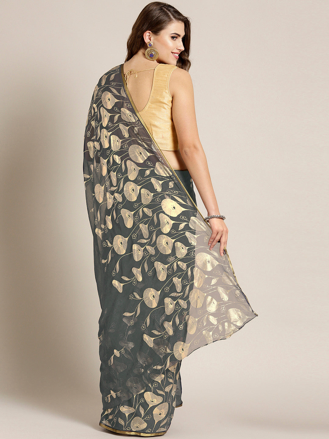 Grey Chiffon Hand-dyed  Bright Neon's Saree with Gold Foil Printed Floral Tulip Pattern