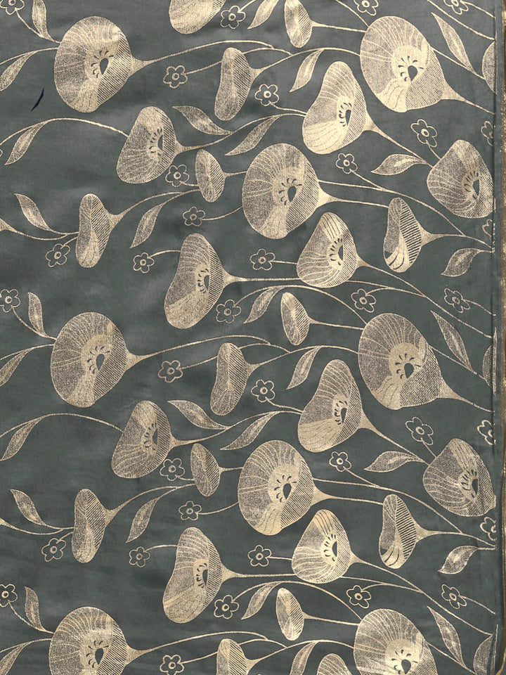 Grey Chiffon Hand-dyed  Bright Neon's Saree with Gold Foil Printed Floral Tulip Pattern