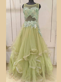 Pastel Green Floral Patch Work & Beads Embellished Barbie Style Gown Dress