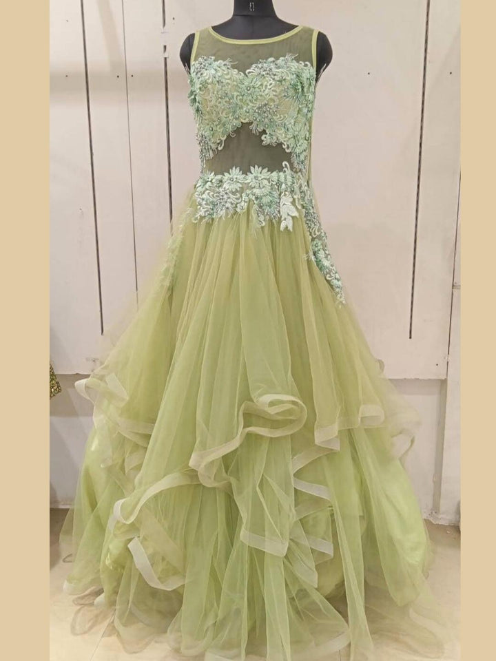Pastel Green Floral Patch Work & Beads Embellished Barbie Style Gown Dress