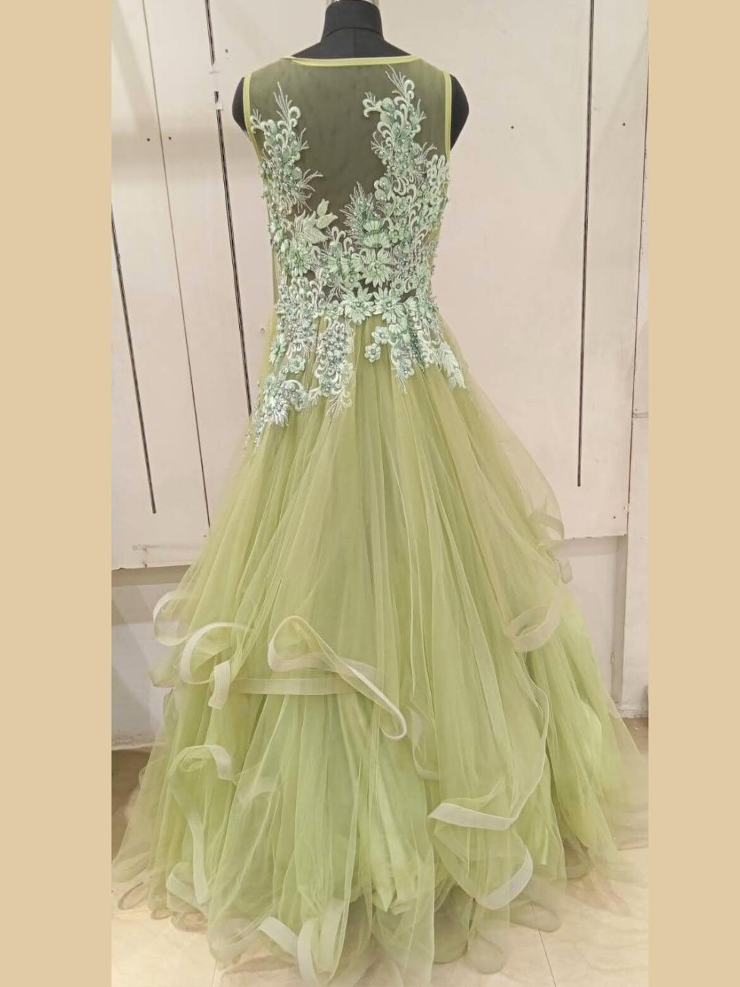Pastel Green Floral Patch Work & Beads Embellished Barbie Style Gown Dress