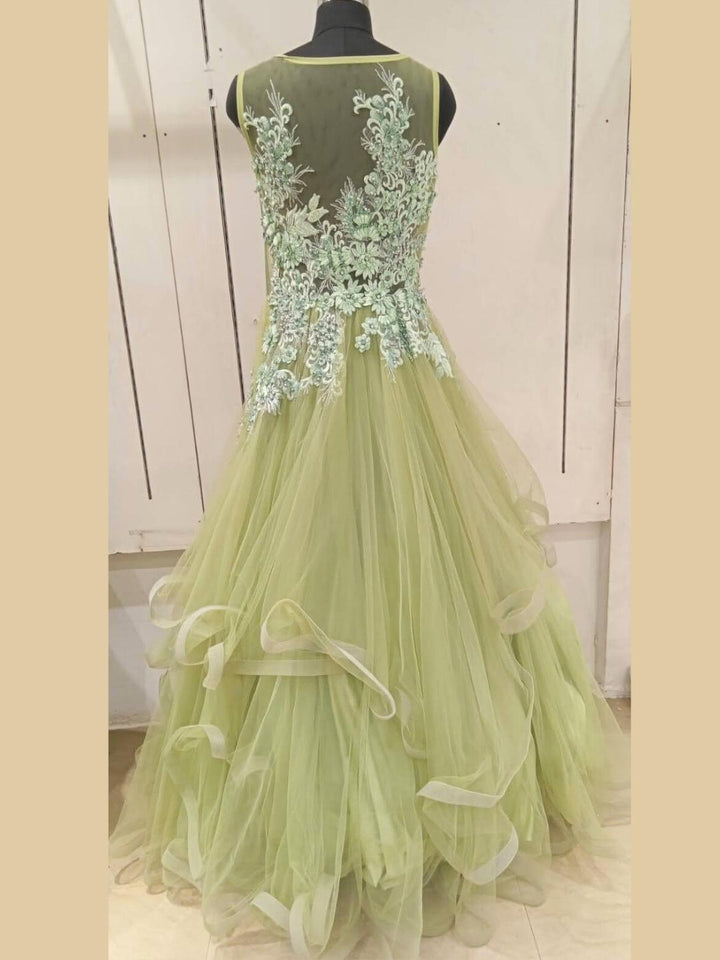 Pastel Green Floral Patch Work & Beads Embellished Barbie Style Gown Dress