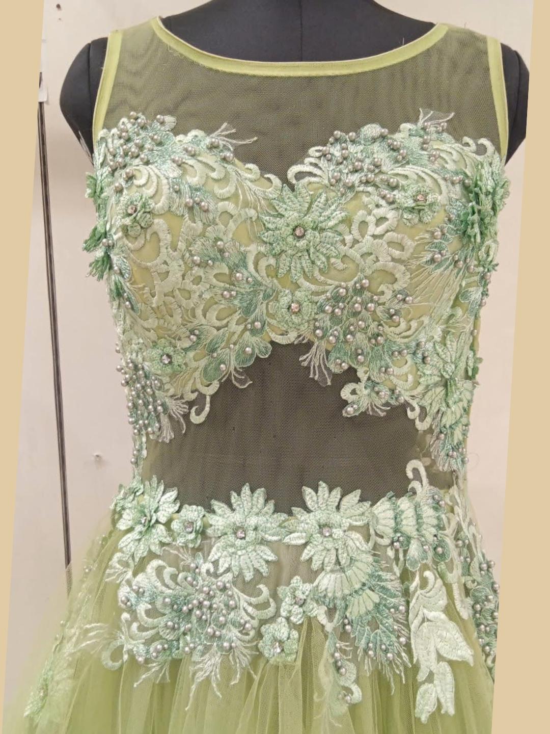 Pastel Green Floral Patch Work & Beads Embellished Barbie Style Gown Dress