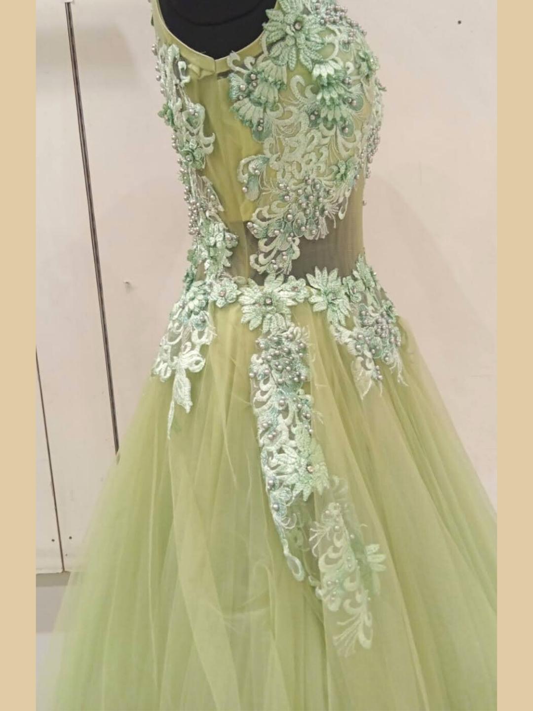 Pastel Green Floral Patch Work & Beads Embellished Barbie Style Gown Dress