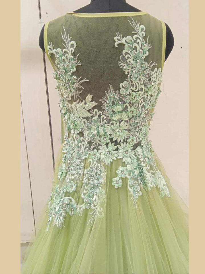 Pastel Green Floral Patch Work & Beads Embellished Barbie Style Gown Dress