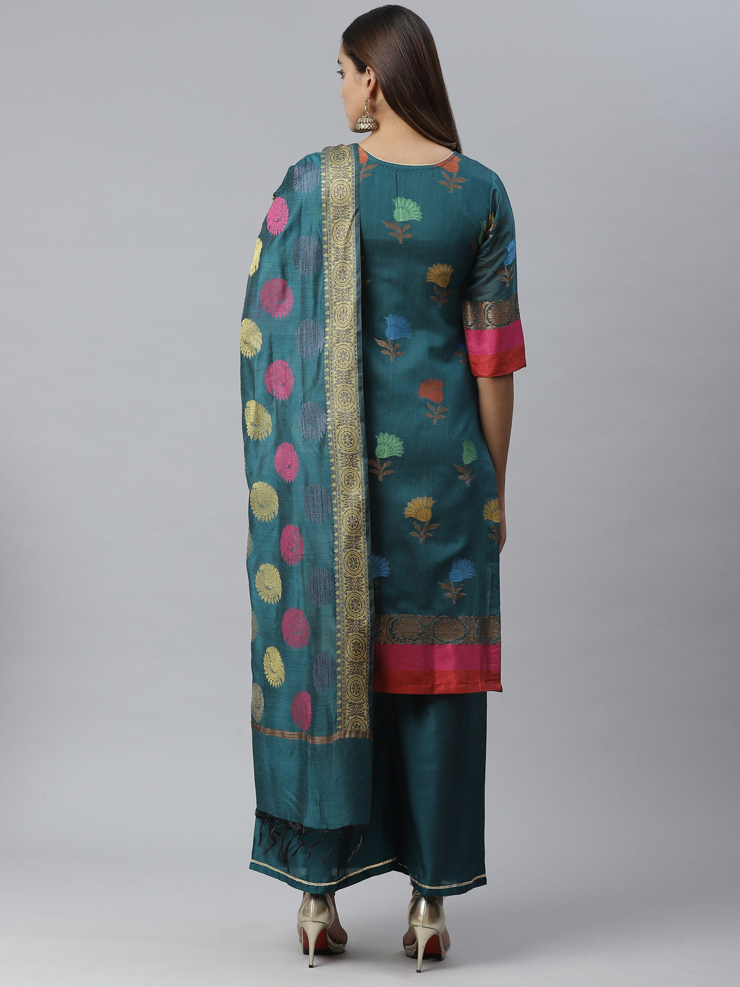 Handloom Chanderi Printed Kurta Set with Gold Weave Border & Banarasi Duppatta