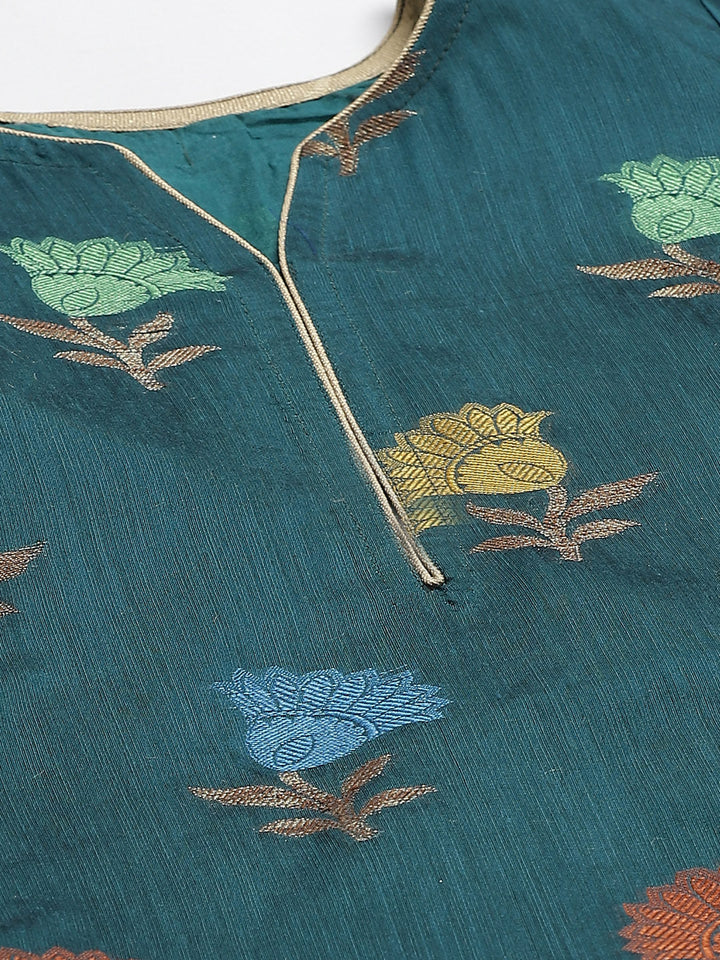 Handloom Chanderi Printed Dress Material with Gold Weave Border & Banarasi Duppatta