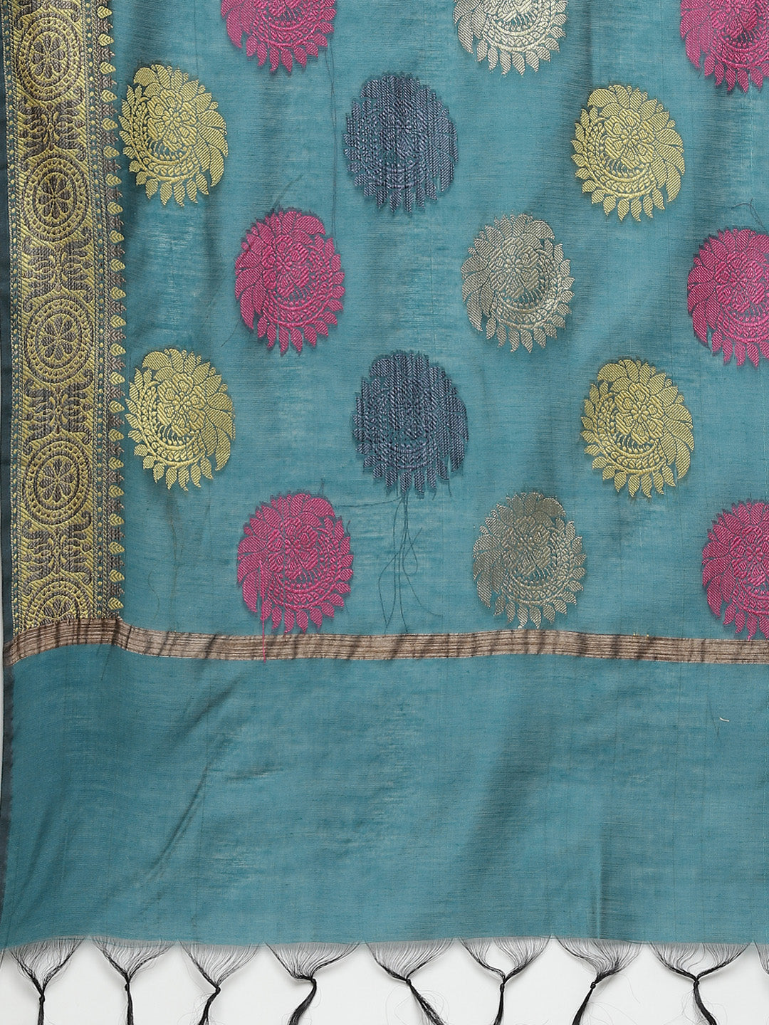 Handloom Chanderi Printed Kurta Set with Gold Weave Border & Banarasi Duppatta