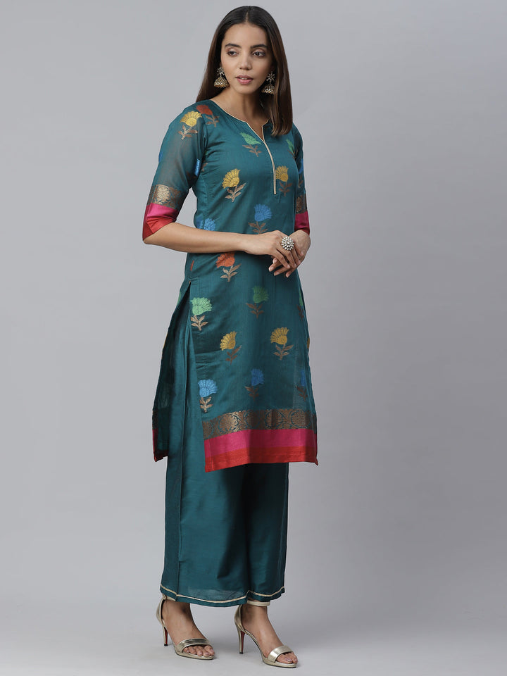 Handloom Chanderi Printed Dress Material with Gold Weave Border & Banarasi Duppatta