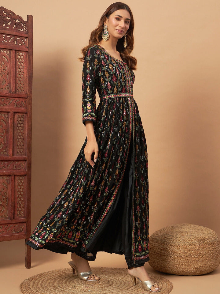 Front Slit Georgette Long Kurta Set with Multicolor Resham Thread Embroidery and Belt