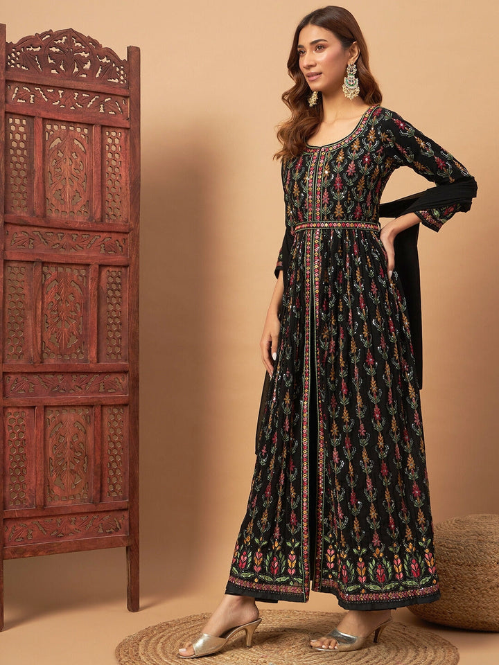 Front Slit Georgette Long Kurta Set with Multicolor Resham Thread Embroidery and Belt