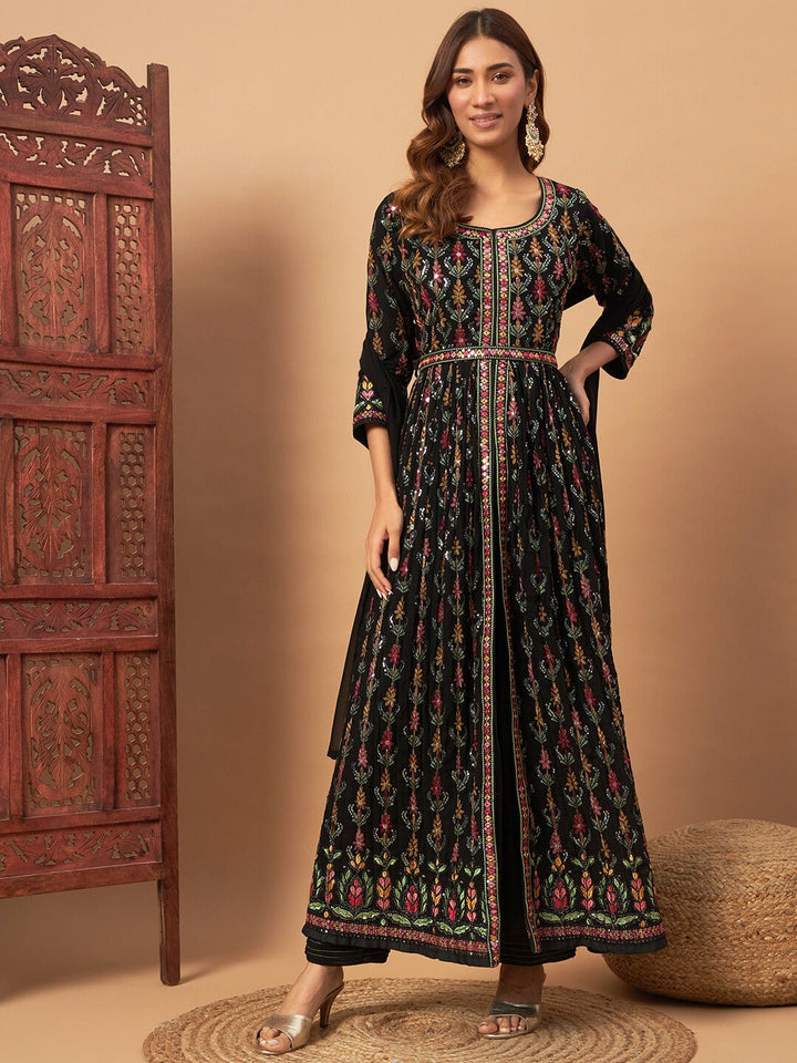 Front Slit Georgette Long Kurta Set with Multicolor Resham Thread Embroidery and Belt