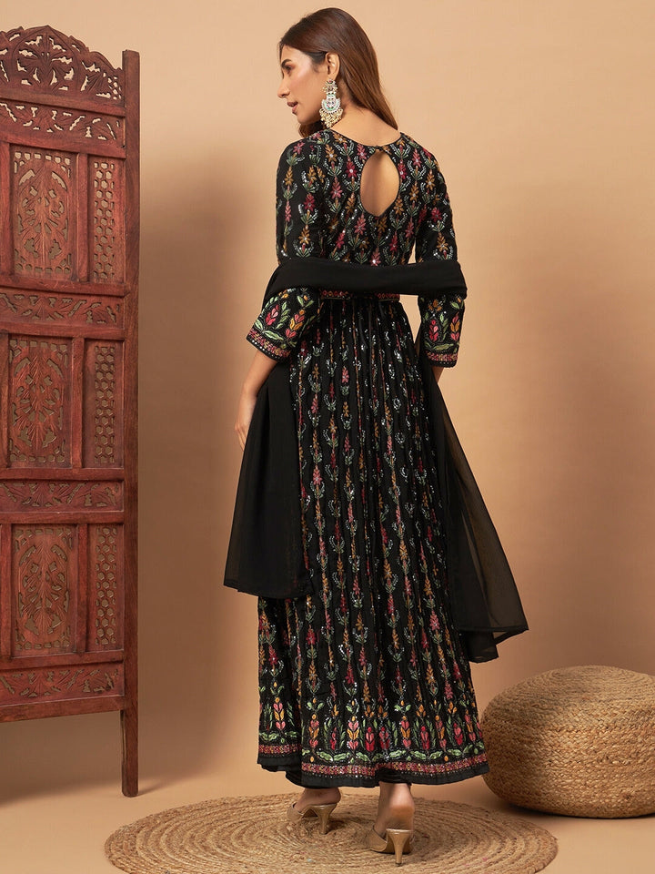 Front Slit Georgette Long Kurta Set with Multicolor Resham Thread Embroidery and Belt