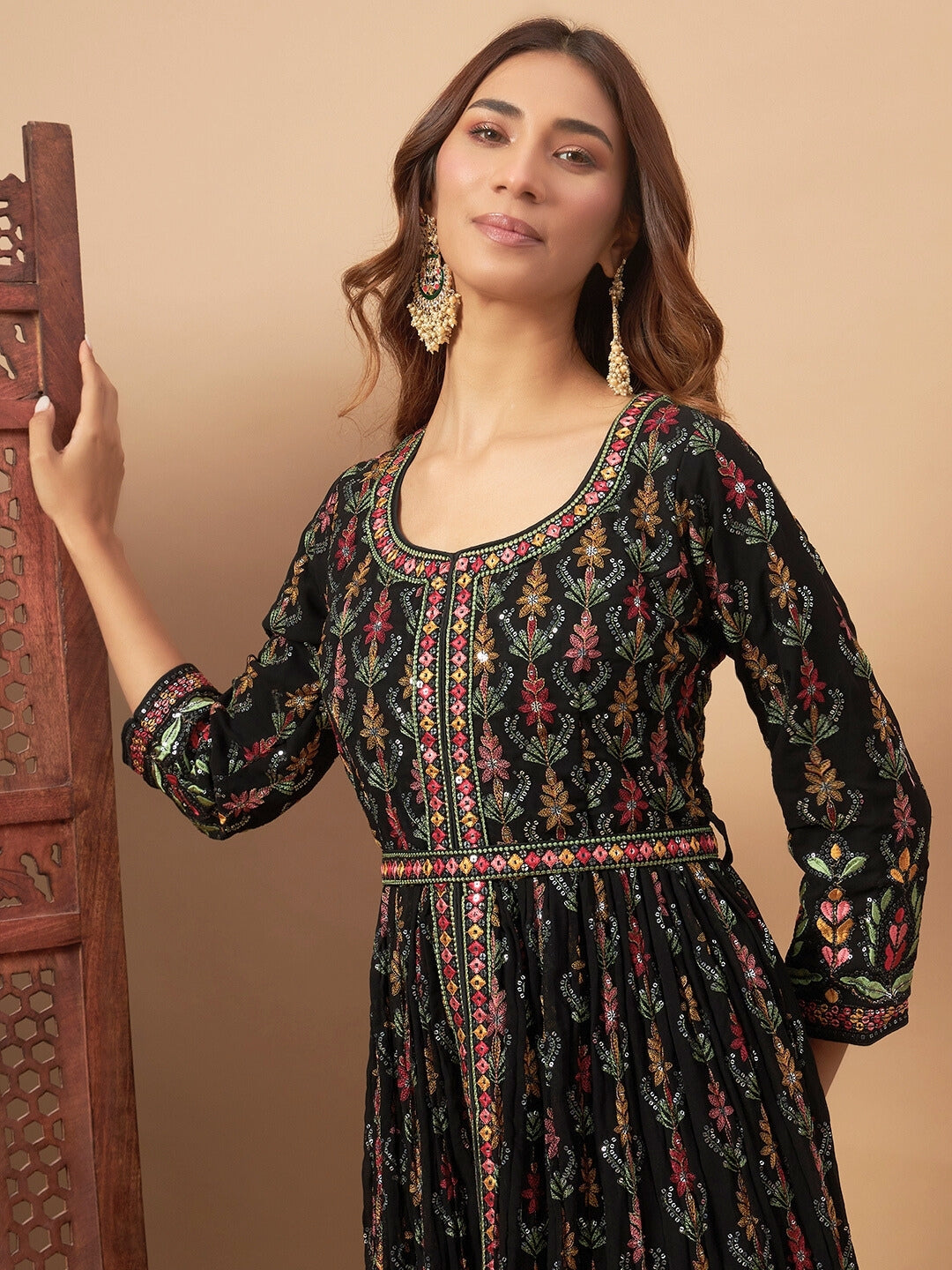 Front Slit Georgette Long Kurta Set with Multicolor Resham Thread Embroidery and Belt