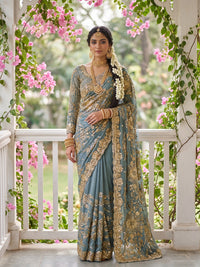 Steel Blue Sequin Embroidered Georgette Saree with Heavy Zari Floral Border and Stitched Blouse
