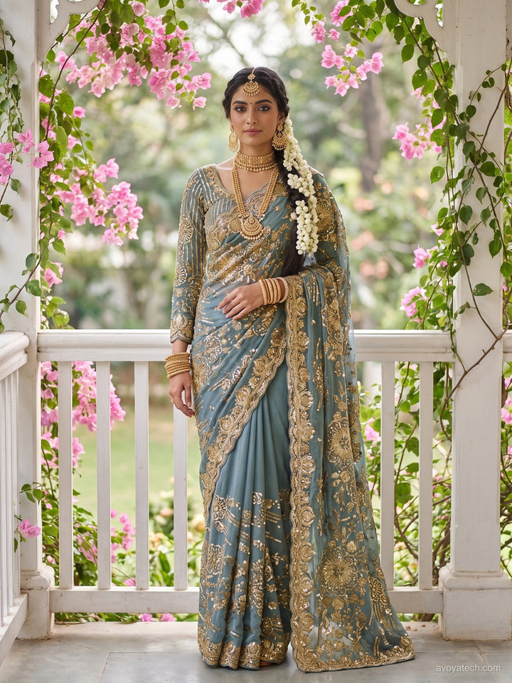 Steel Blue Sequin Embroidered Georgette Saree with Heavy Zari Floral Border and Stitched Blouse