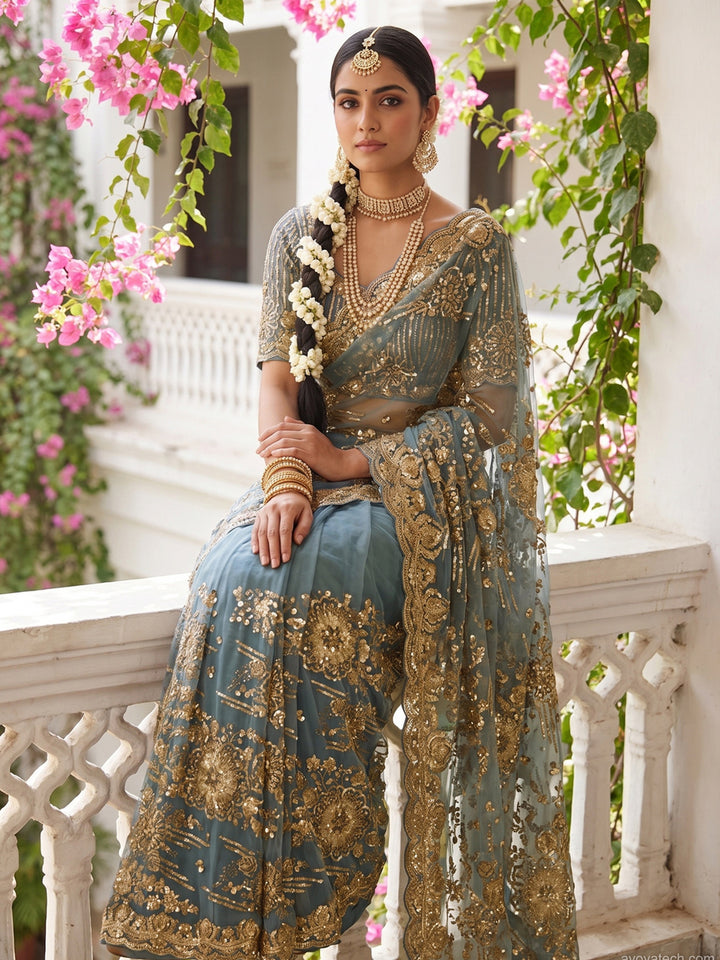 Steel Blue Sequin Embroidered Georgette Saree with Heavy Zari Floral Border and Stitched Blouse