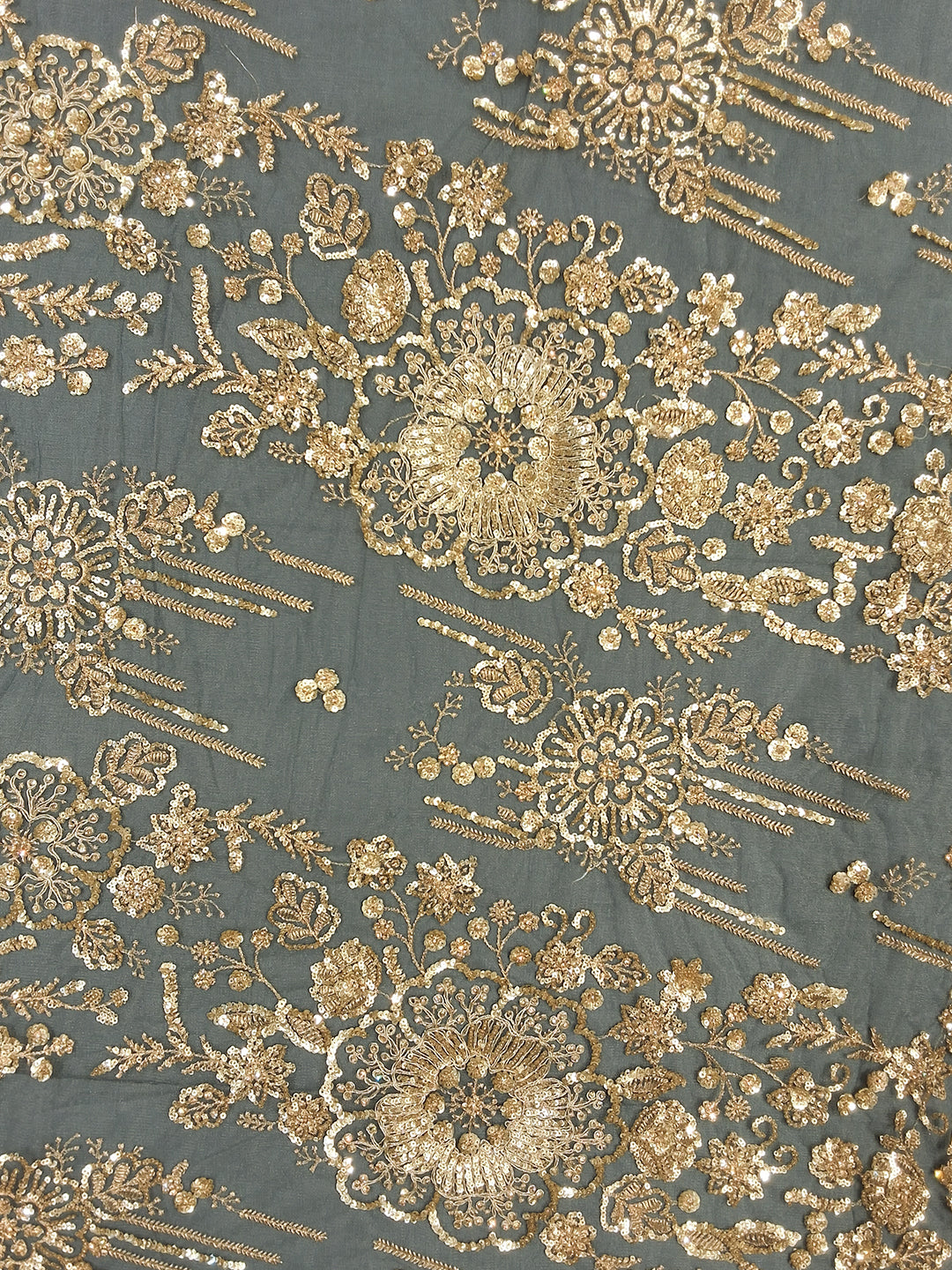 Steel Blue Sequin Embroidered Georgette Saree with Heavy Zari Floral Border and Stitched Blouse