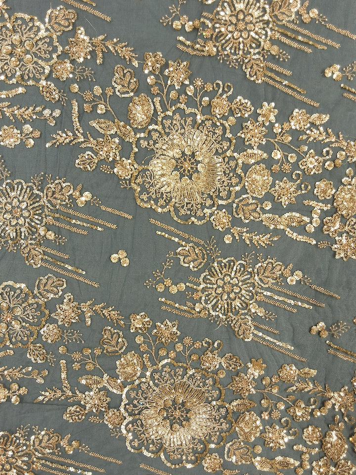 Steel Blue Sequin Embroidered Georgette Saree with Heavy Zari Floral Border and Stitched Blouse