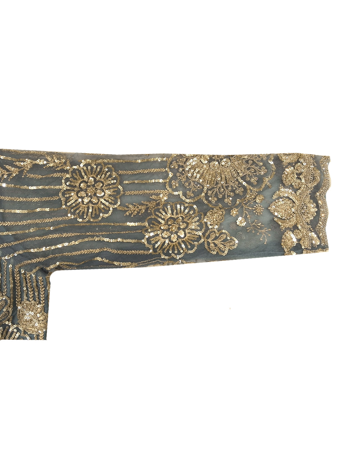 Steel Blue Sequin Embroidered Georgette Saree with Heavy Zari Floral Border and Stitched Blouse