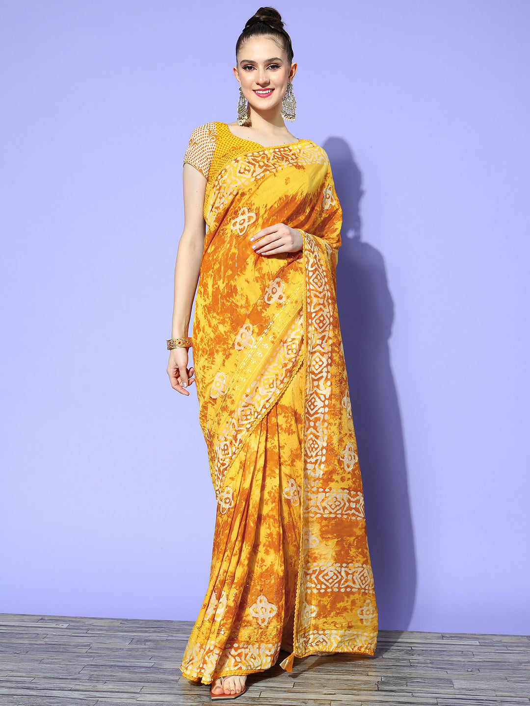 Yellow Batik Printed & Resham & Sequin Embellished Cotton Saree