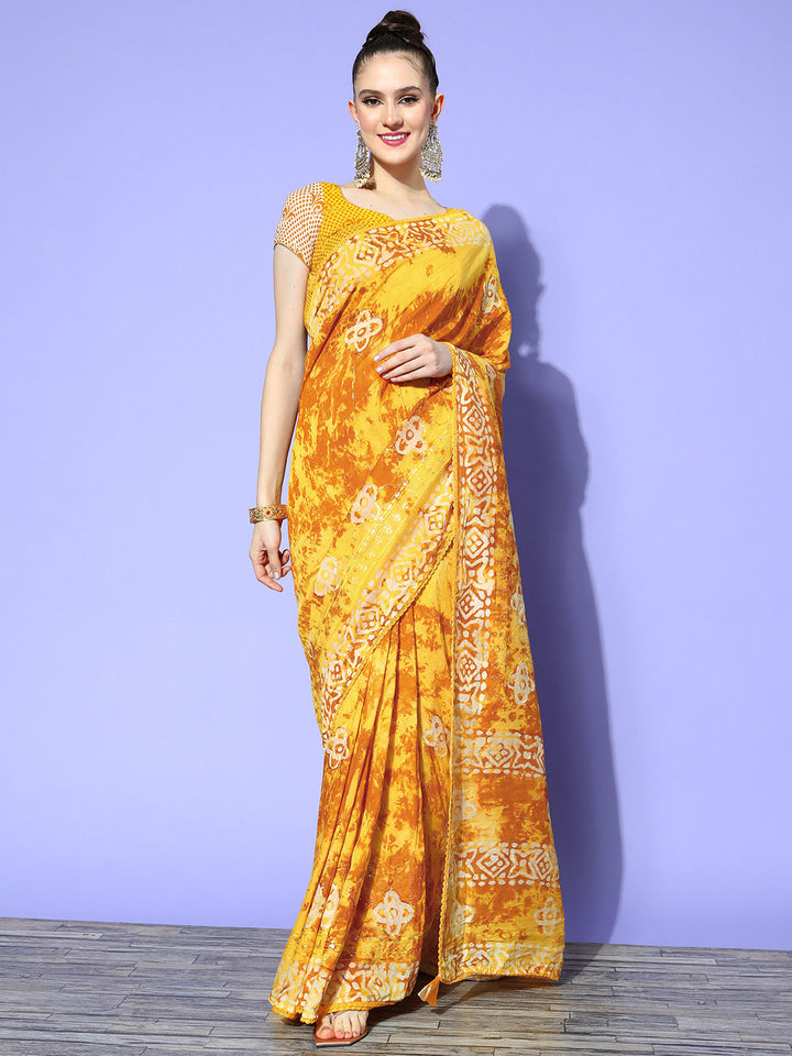 Yellow Batik Printed & Resham & Sequin Embellished Cotton Saree
