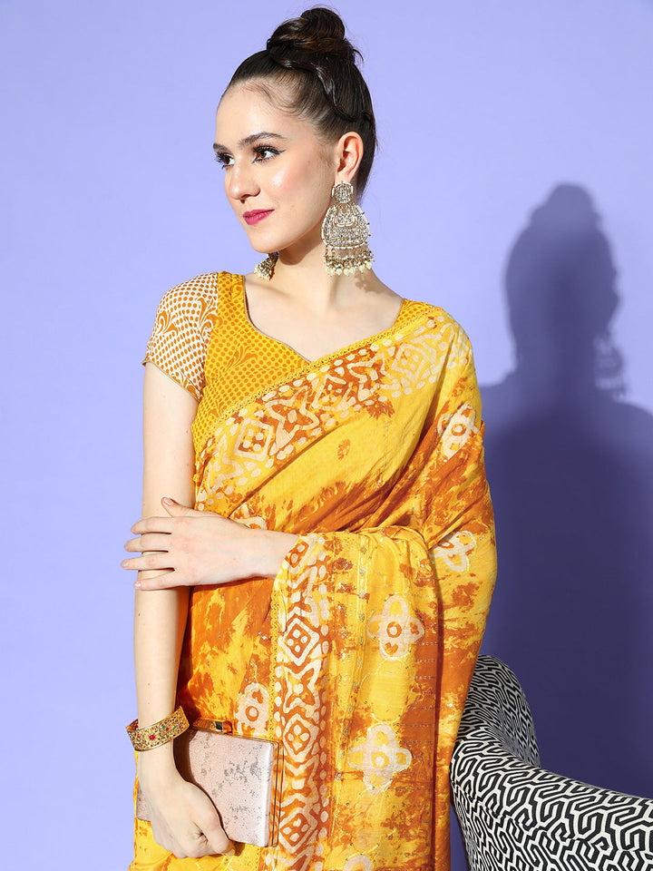 Yellow Batik Printed & Resham & Sequin Embellished Cotton Saree